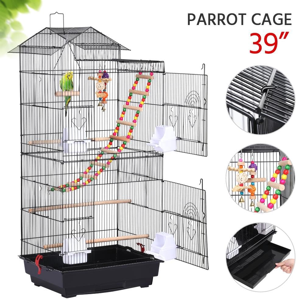 Yaheetech 39" Roof Top Flight Cage with Toys, Wrought Iron Bird Cage for Cockatiels, Conures, Lovebirds, Budgies & Small Birds
