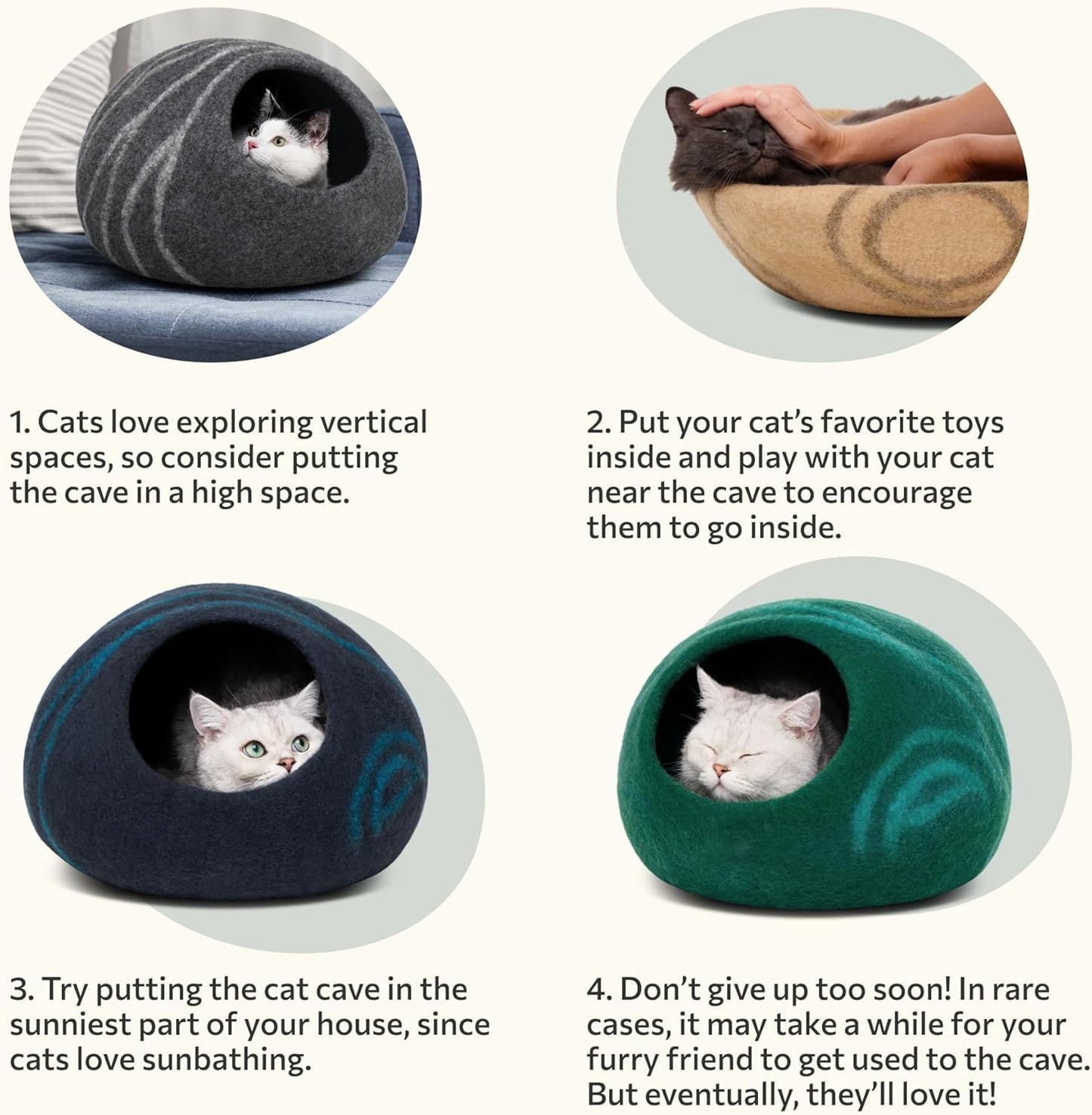 Cat Cave – Premium Felt Cat Bed Enclosure for Indoor Cats, Handmade Merino Wool (Light Gray, Large)