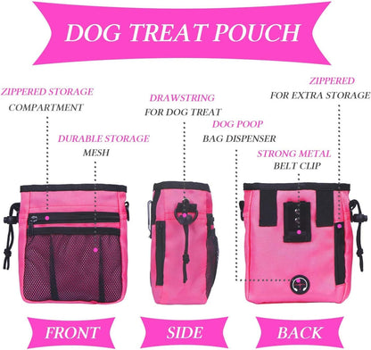 4-In-1 Dog Training Set, Puppy Training Treats- Dog Treat Training Pouch, Dog Whistle, Dog Doorbells, Dog Clicker, Ideal Gift for First Time Pet Owners, Training Dog Owners (Pink)