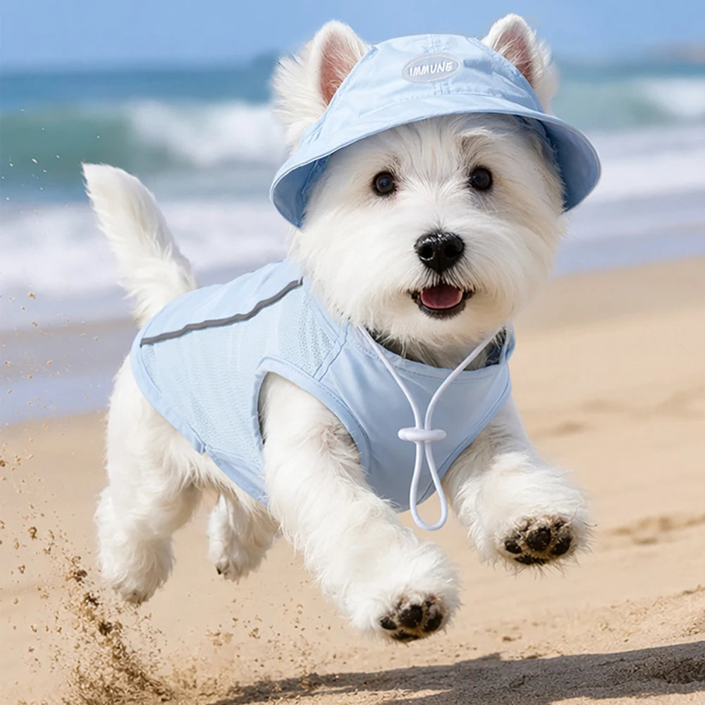 Pet Dog Summer Cooling Vest with Cap Breathable Mesh Sun Protective Shirt for Dogs&Cats，Lightweight Outdoor Pet Clothes Set